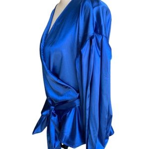 Women Silky Satin Shirt V Neck Tops 3/4 Sleeve Tie Solid Loose Blouse Shirt, Co